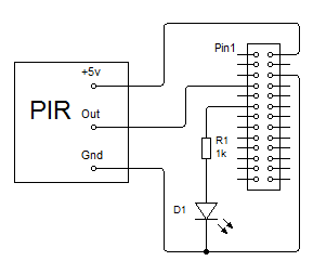 Circuit diagram showing the PIR connected to the GPIO